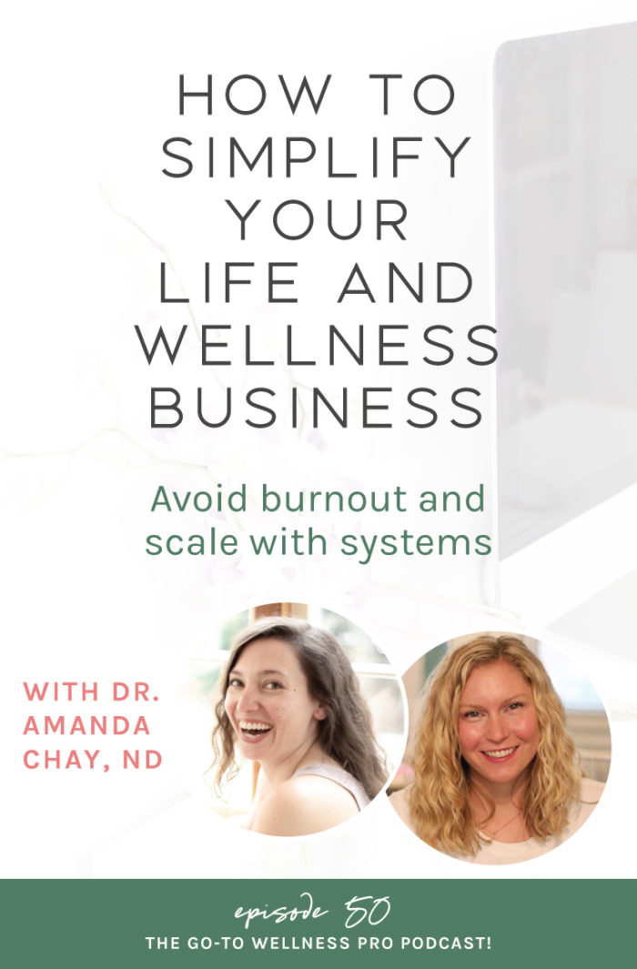 How to simplify your life and wellness business. Avoid burnout and scale with systems. Listen to the Go-To Wellness Pro Podcast with Dr. Amanda Chay. Dr. Amanda Chay is a time + business strategist that helps high achieving entrepreneurs streamline their services & pricing, get their time back, and maximize efficiency.