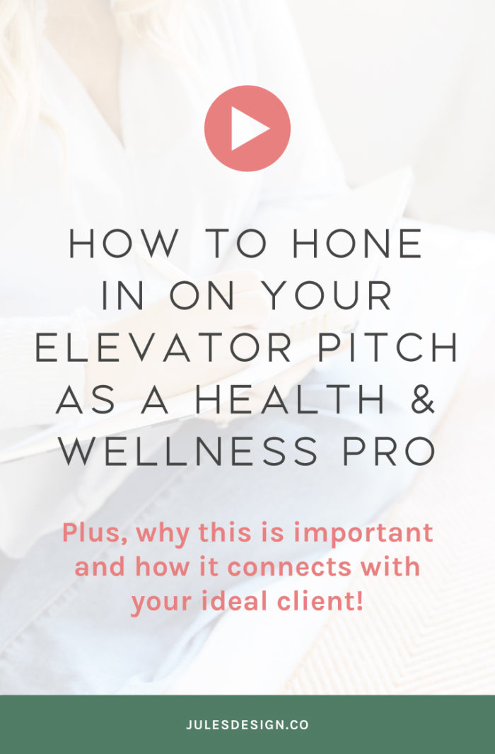 How to hone in on your elevator pitch as a health and wellness pro. Plus, why this is important and how it connects with your ideal client. 

In episode 52, we're covering the #1 thing you need to know about an elevator pitch, why it's important, and how to get started writing your own. Plus some action-oriented steps so that you can write a pitch that's created just for your ideal client. Natalie is a content writer and copy coach that connects new health coaches with clients using messaging. She focuses on making content less sales-y and more strategic. Which I'm all about as a website designer too! Strategy is so so so key.