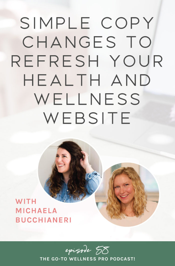 Simple copy changes to refresh your health and wellness website with Michaela Bucchianeri.  podcast I'm chatting with an amazing guest, Michaela Bucchianeri, Ph.D., LP. small copy changes that can make a big impact on your health and fitness website. The best part is that you can take action and improve your website quickly with the tips & tricks in this episode of the podcast. We cover how to build landing pages that connect and convert using your words. 
How to use pop-ups effectively to grow your email list and book clients. And, why your main menu is important and what you should have there.