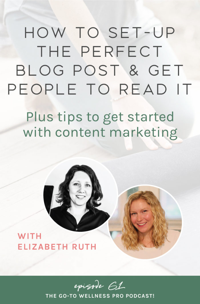 How to set-up the perfect blog post and get people to read it. Plus tips to get started with content marketing with Elizabeth Ruth. A podcast for health coaches, nutrition professionals, fitness instructors, wellness professionals, and health practitioners. 

In this episode we cover everything blog related! How often to post, how to find inspiration, and what the perfect blog post structure looks like. 

Plus bonus tips on how to stand out on TikTok, social media in general, and email marketing.